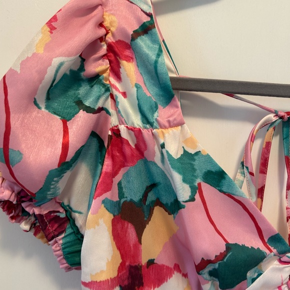 Pink Floral Puff Sleeve Crop Top Tie Back V-Neck Cottagecore Coquette Blouse - Picture 6 of 10